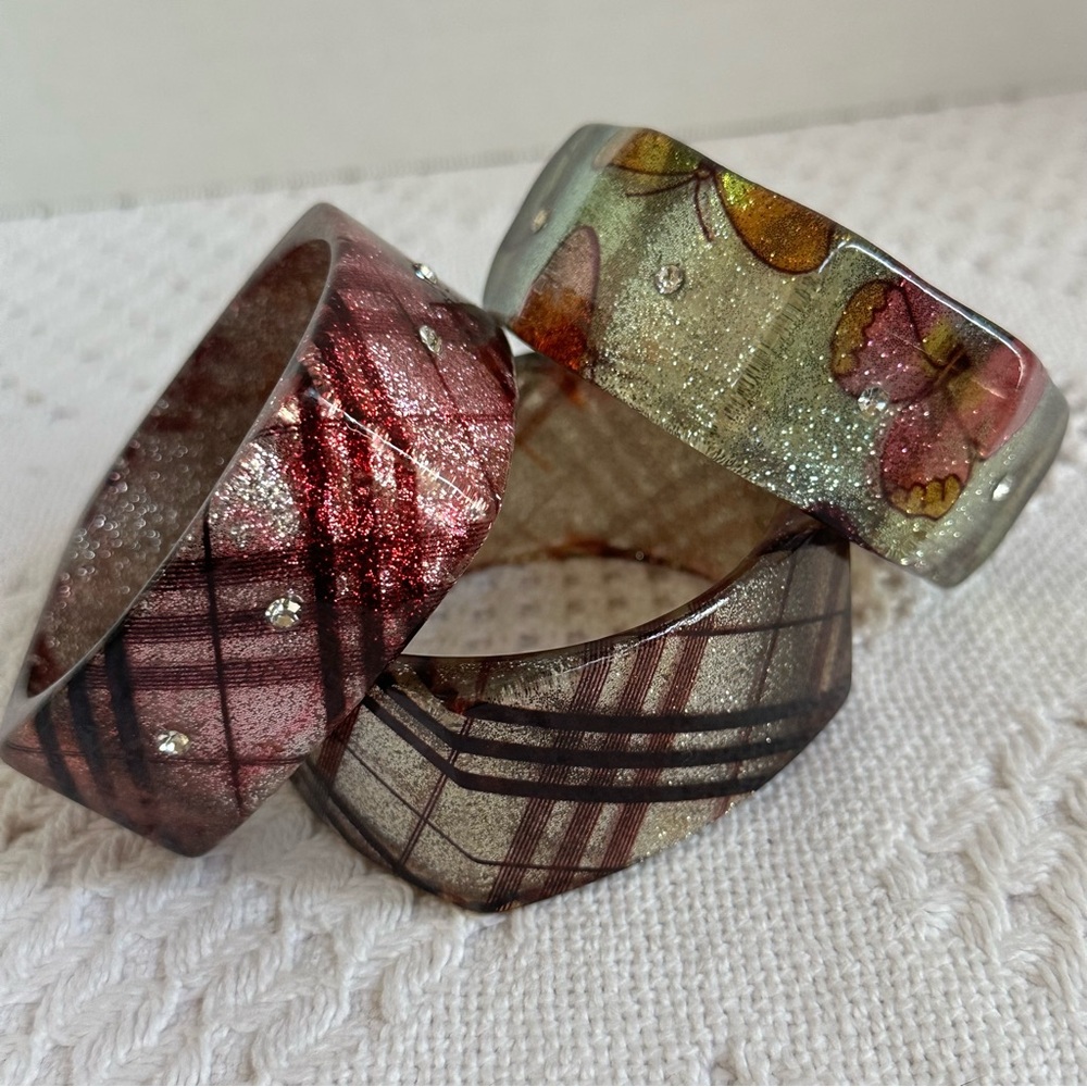 VTG Mid Century Chunky Lucite Bangle Bracelet Stack Of 3-Butterfly Plaid Glitter